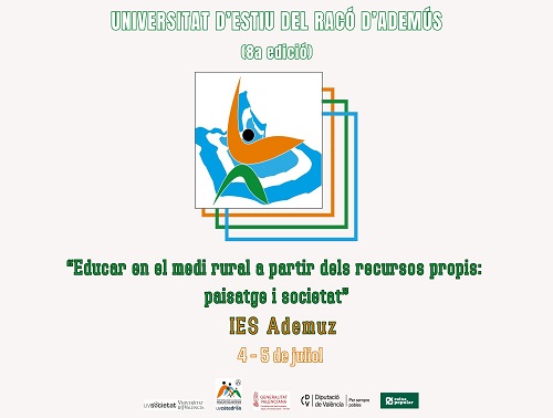 Cartell difusió Universitat d'estiu d'Ademús. Inclou logo, data, títol i lloc de realització